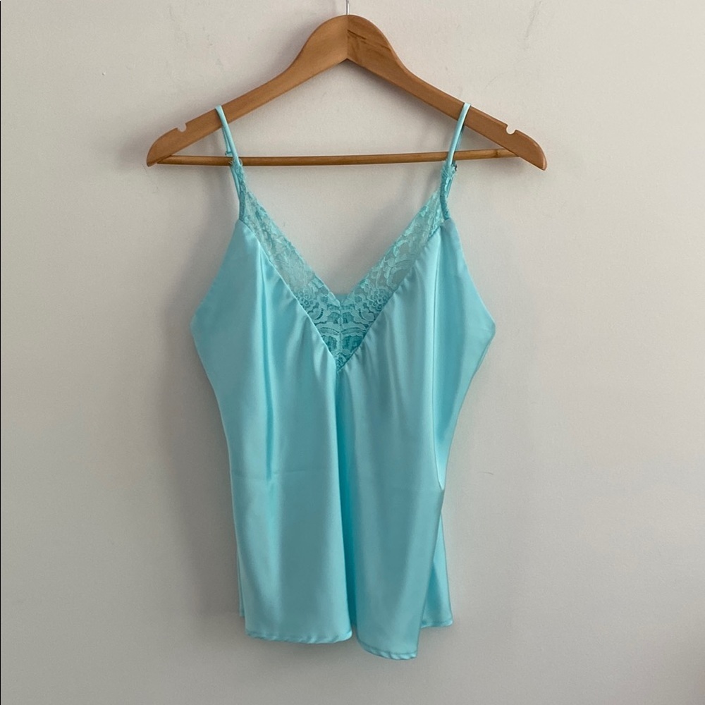 Light Blue Satin Camisole with Lace Trim